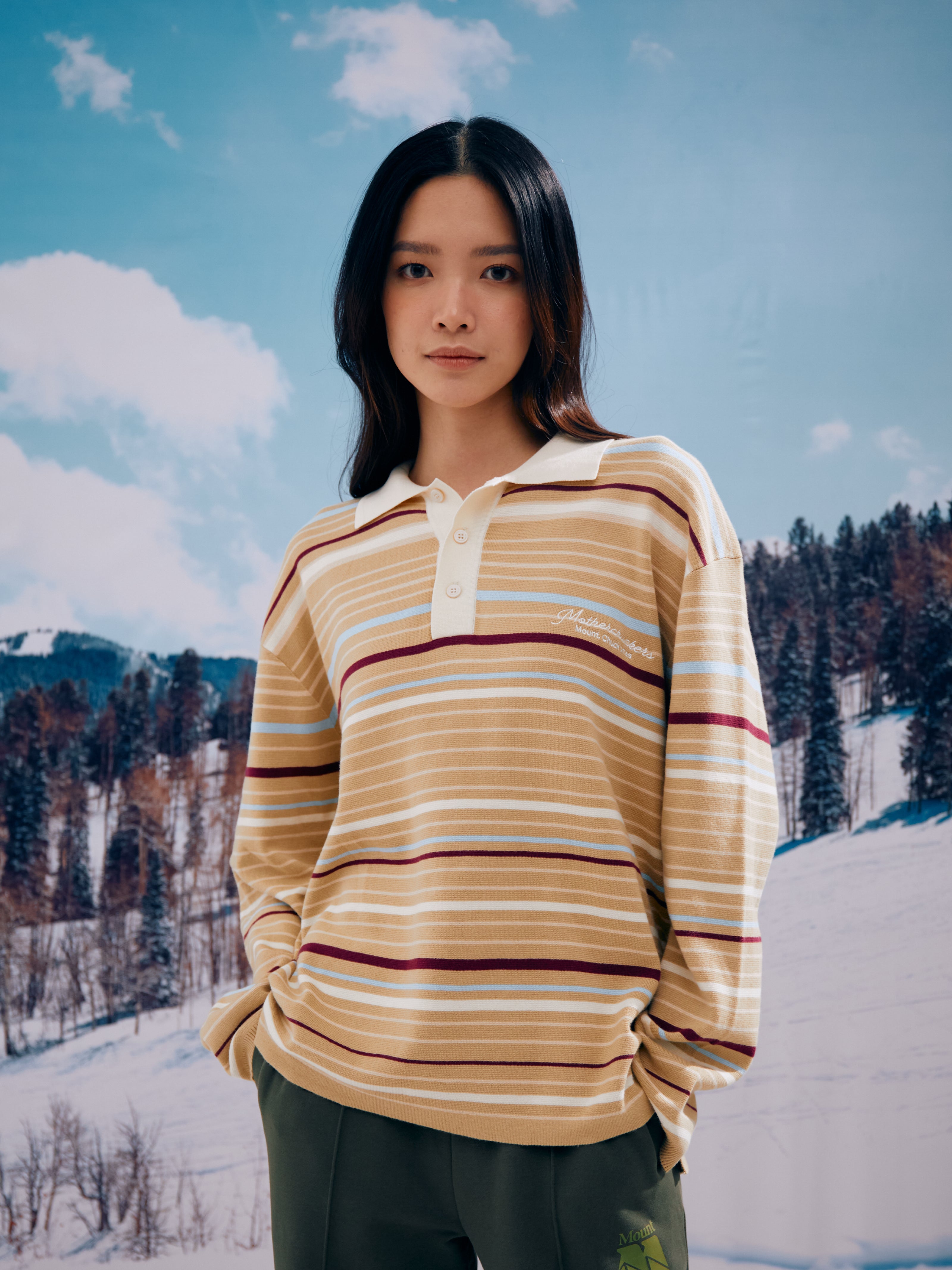 Khaki Multi Gone on Stripe Long Sleeve Polo