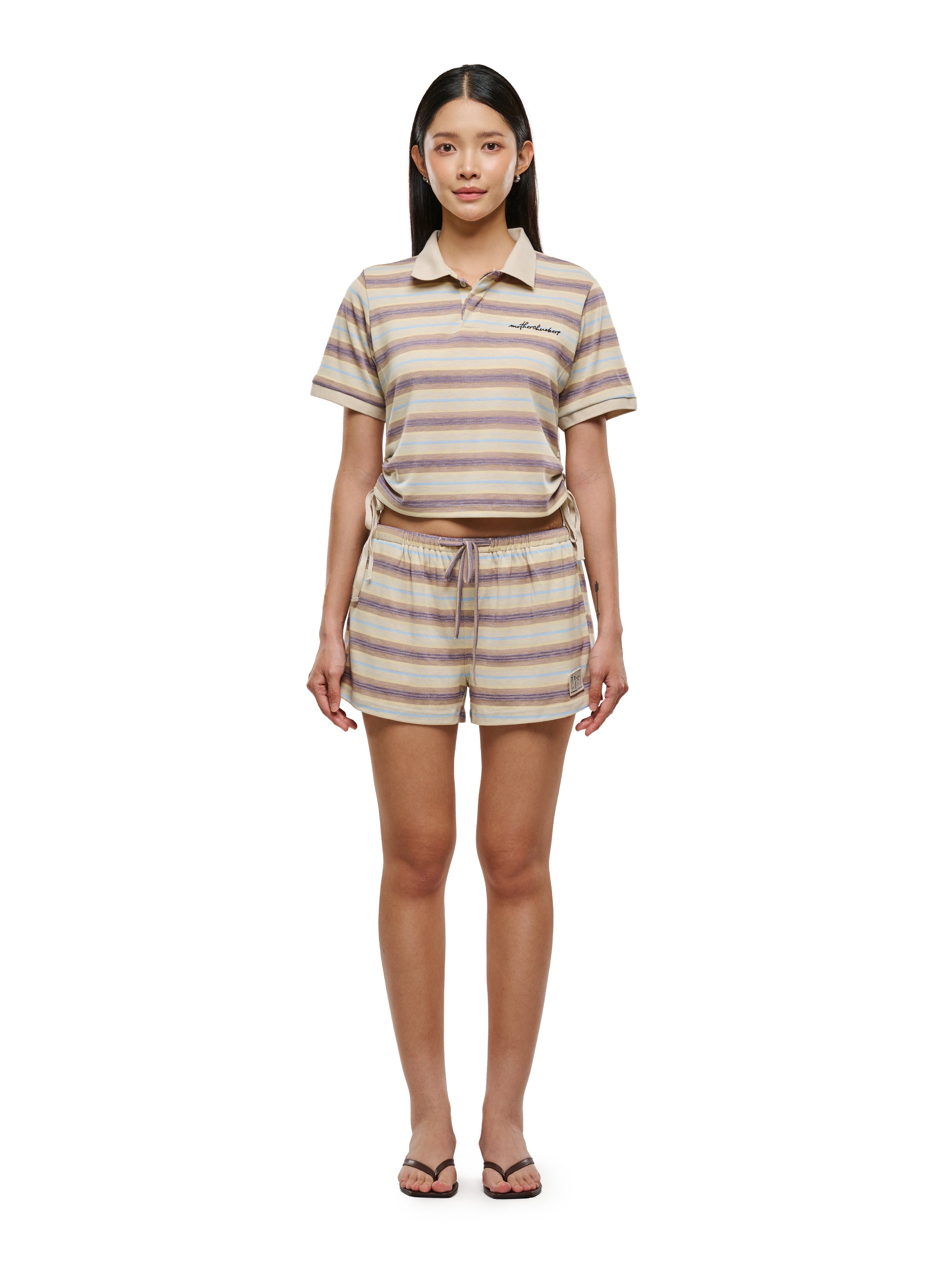 Oat Stripes Snatched Drawstring Polo