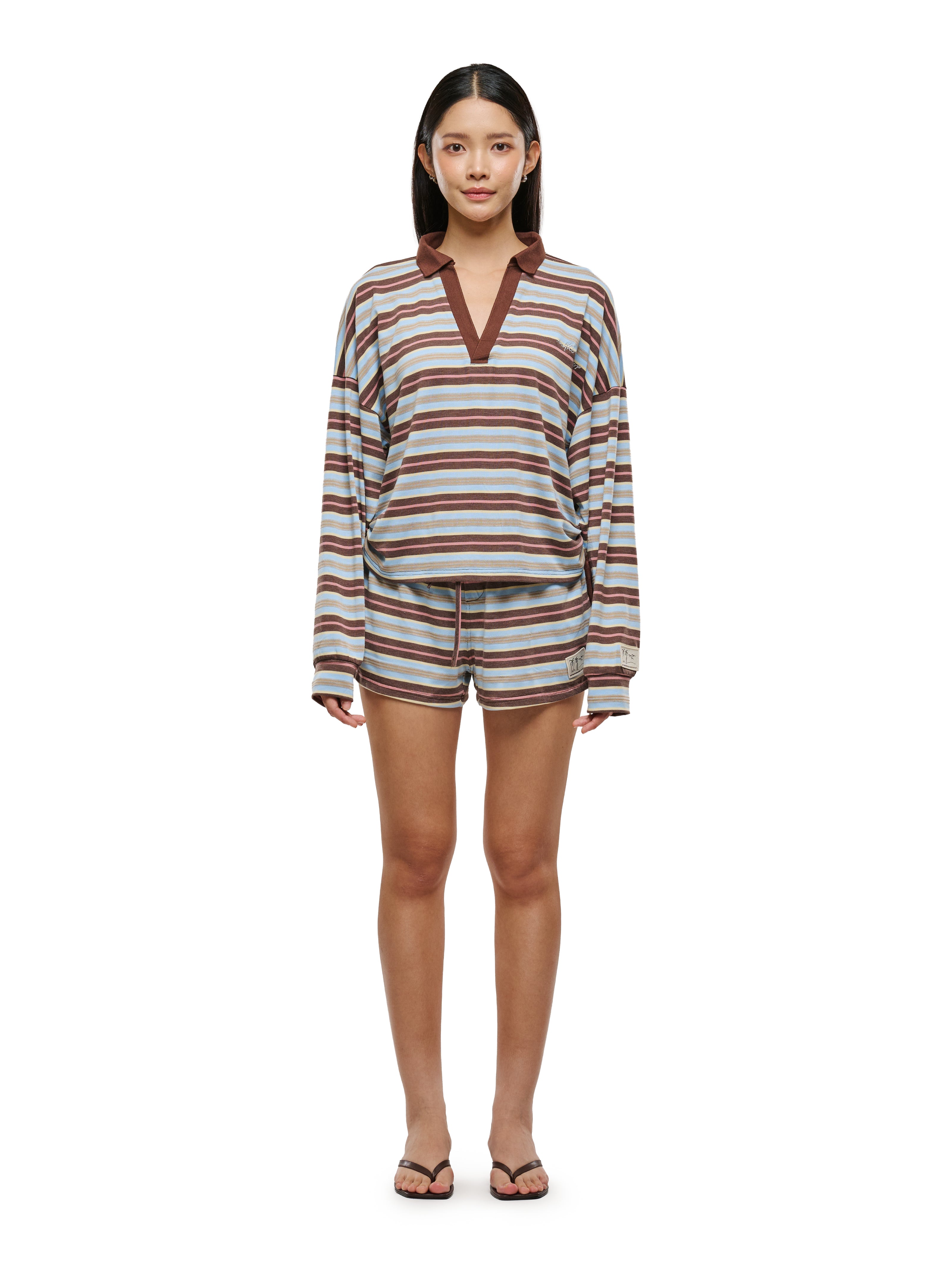 Brown Stripes Long Sleeve Drawstring Polo